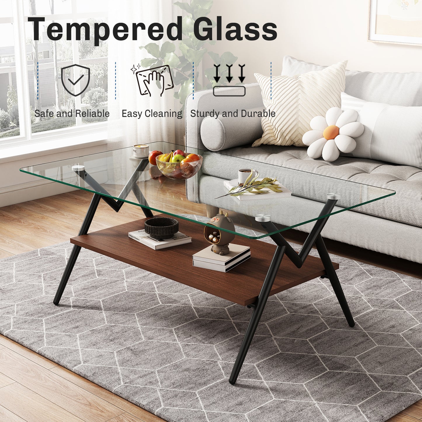 Rectangle Coffee Table with Tempered Glass top and Black Metal Legs, Modern Table for Living Room , Transparent Glass