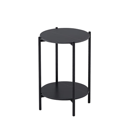 2-layer End Table with Whole Marble Tabletop, Round Coffee Table with Black Metal Frame for Bedroom Living Room Office-black,1 piece