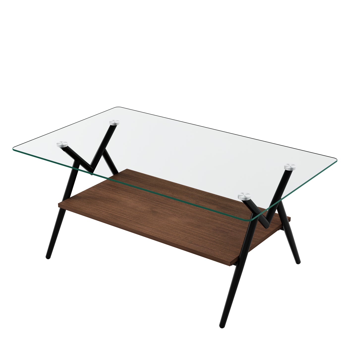 Rectangle Coffee Table with Tempered Glass top and Black Metal Legs, Modern Table for Living Room , Transparent Glass