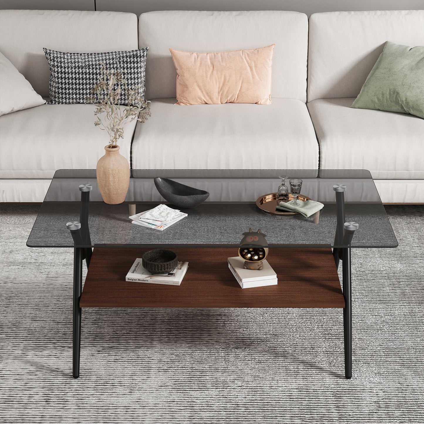 Rectangle Coffee Table with Tempered Glass top and Brown MDF Shelf, Modern Table for Living Room, Gray Glass