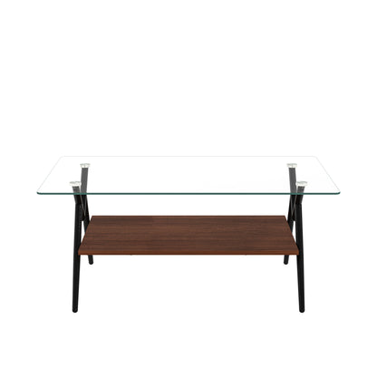 Rectangle Coffee Table with Tempered Glass top and Black Metal Legs, Modern Table for Living Room , Transparent Glass